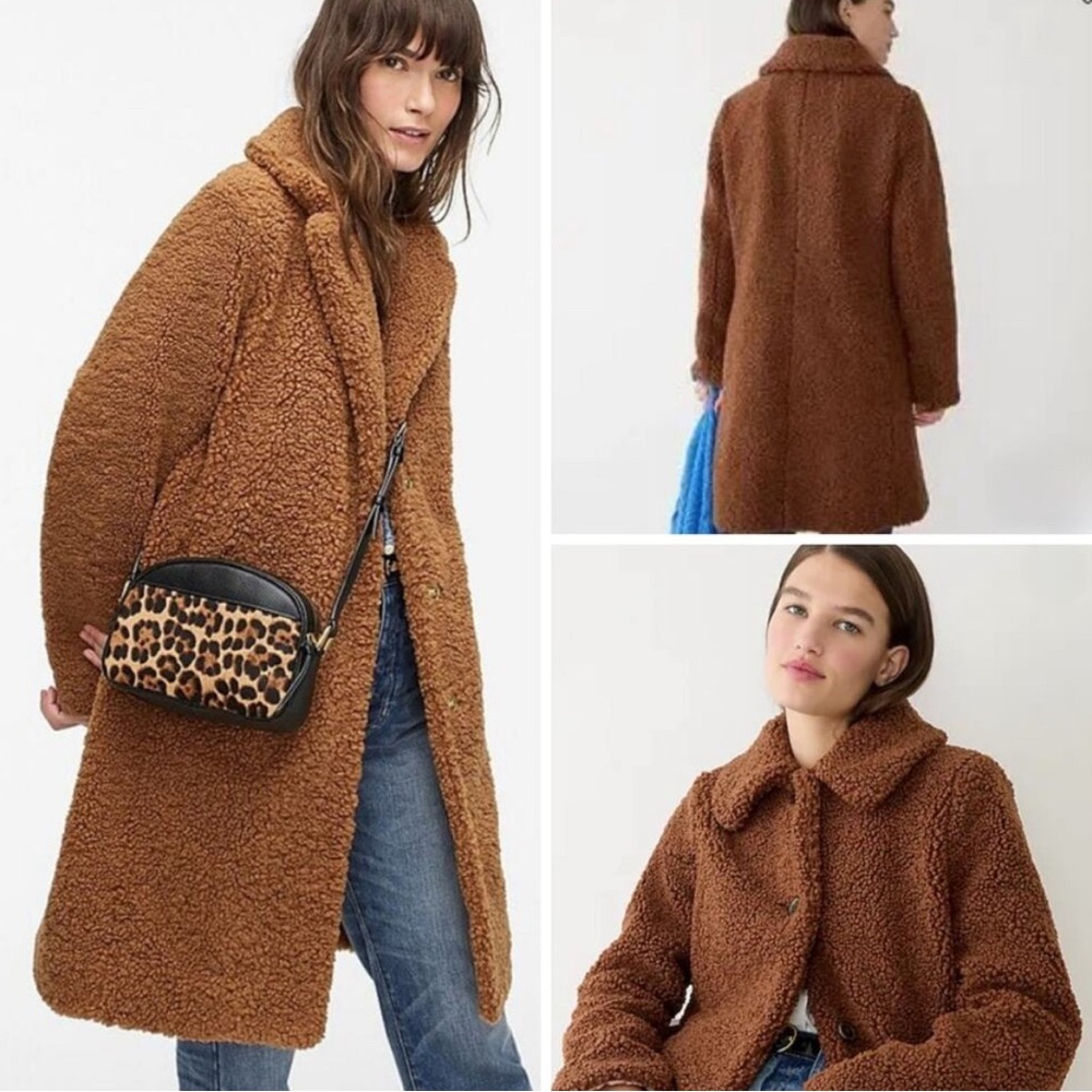 J Crew Textured Teddy Sherpa Brown Topcoat Midi Zip Jacket Heavyweight Peacoat 6